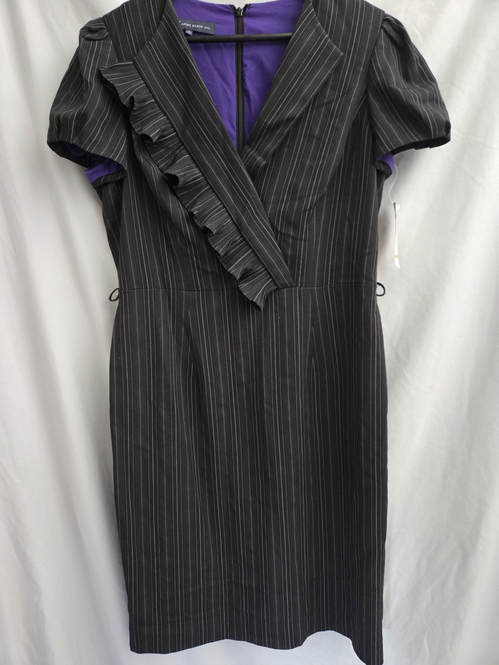 Anne Klein Black Pinstripe Midi Dress with Purple Lining and Ruffle